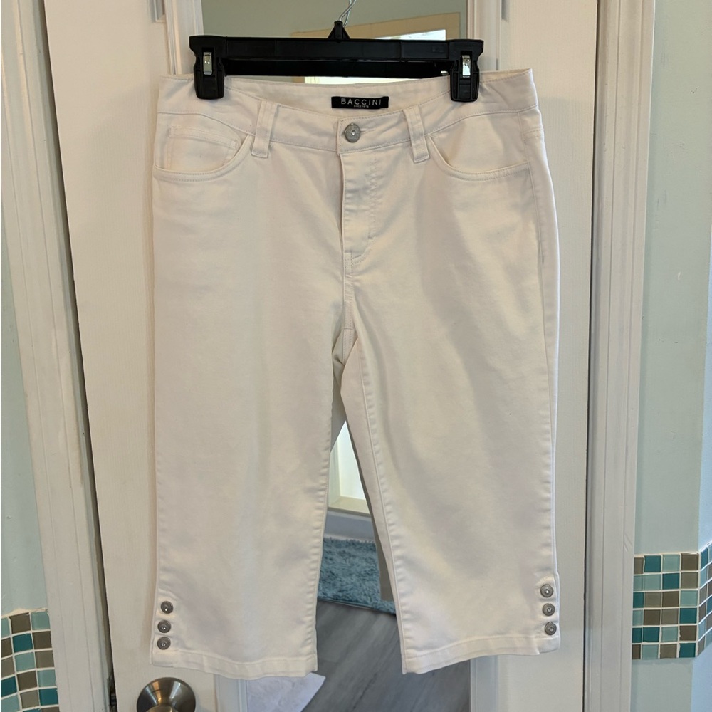 Baccini Women's White Capris with Button Detail